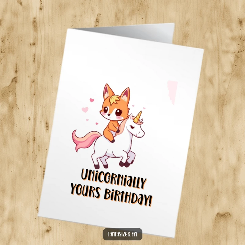 Funny Free Printable Birthday Card: Imaginative fox rides unicorn, magical fantasy scene, perfect downloadable gift.