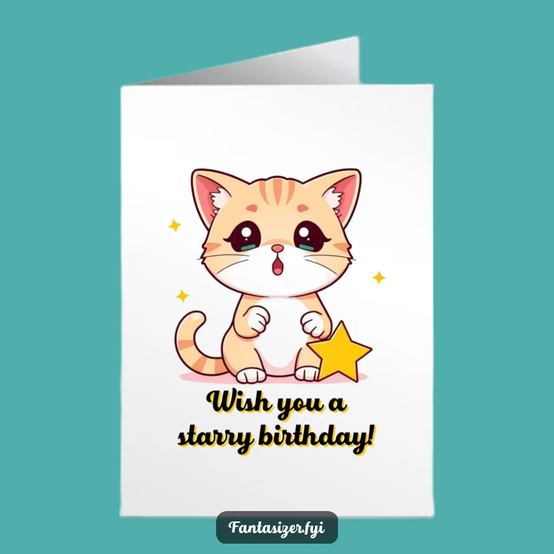 Free Printable Surprised Cat Birthday Card: Starry Wish for a Magical Downloadable Gift