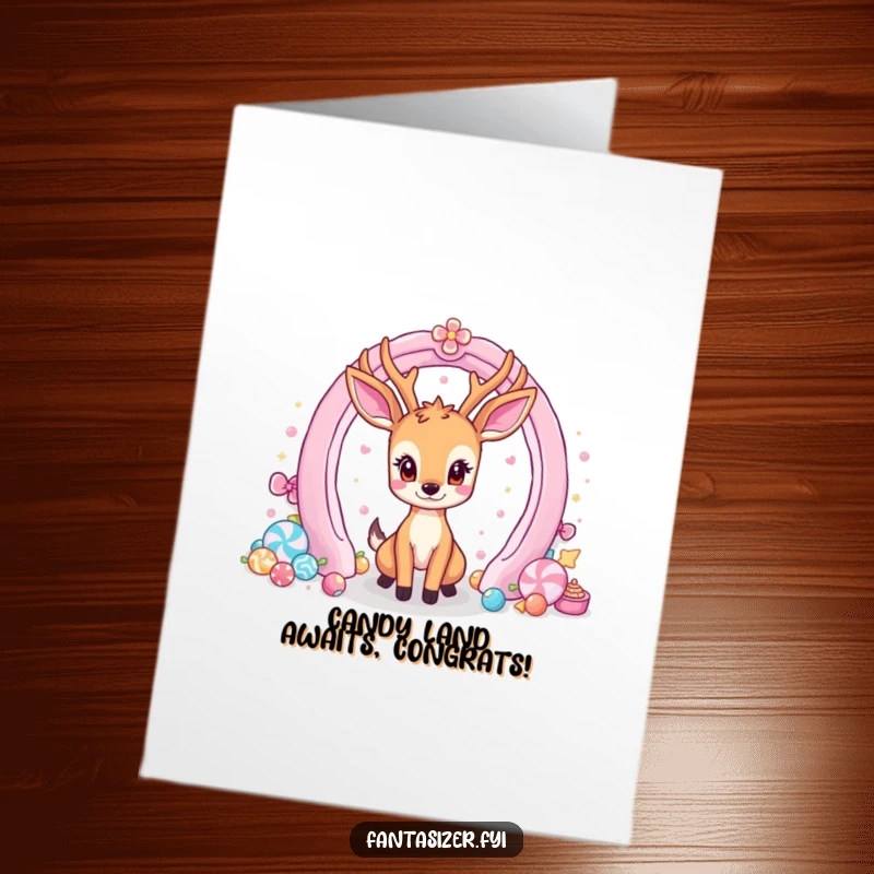 Funny Free Printable Congrats Card: Deer gazes at candy portal, celebrating a sweet success.