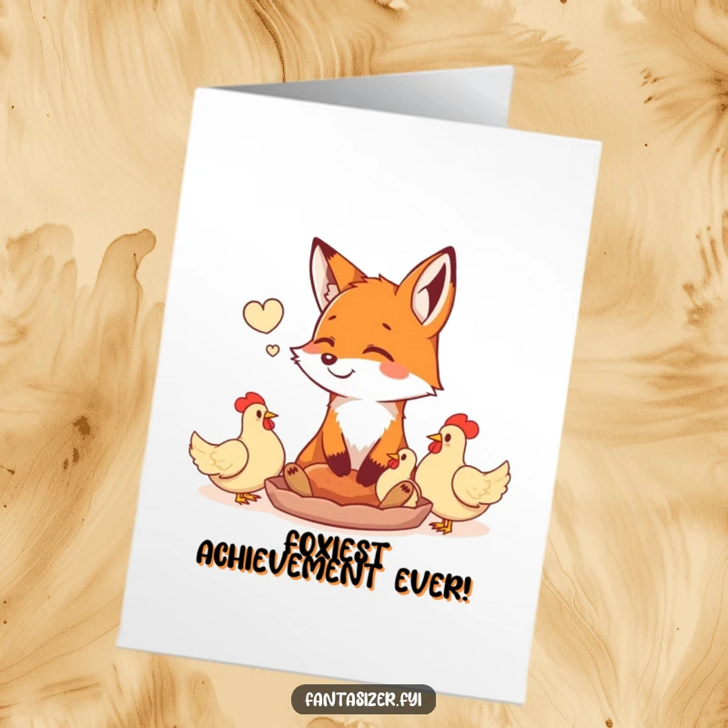 Funny Free Printable Fox Congratulations Card: Happy fox dreams of delicious chickens, celebrating future success.