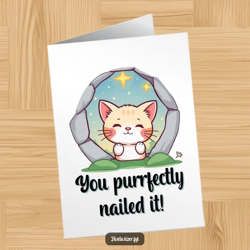 Funny Free Printable Congratulations Card: Curious cat's wide-eyed wonder peering into a shimmering portal.