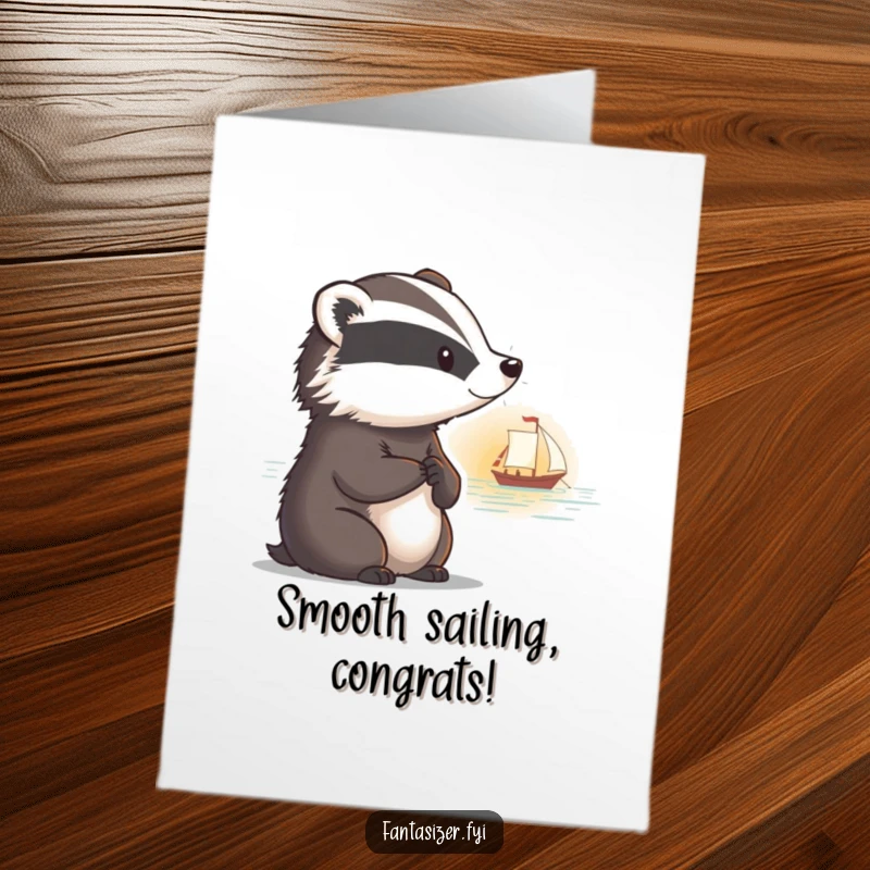 Funny Free Printable Congrats Card: A badger thoughtfully watching a boat sail into a serene sunset, marking a beautiful new beginning.