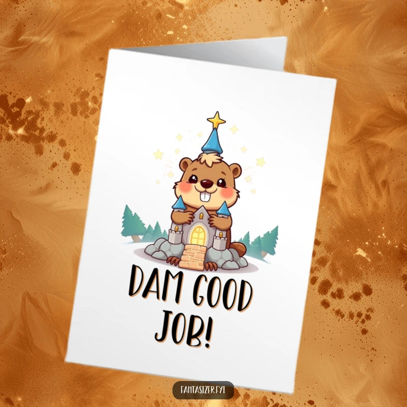 Funny Free Printable Congratulations Card showing a beaver building a magnificent glowing castle out of stardust, celebrating success humorously.