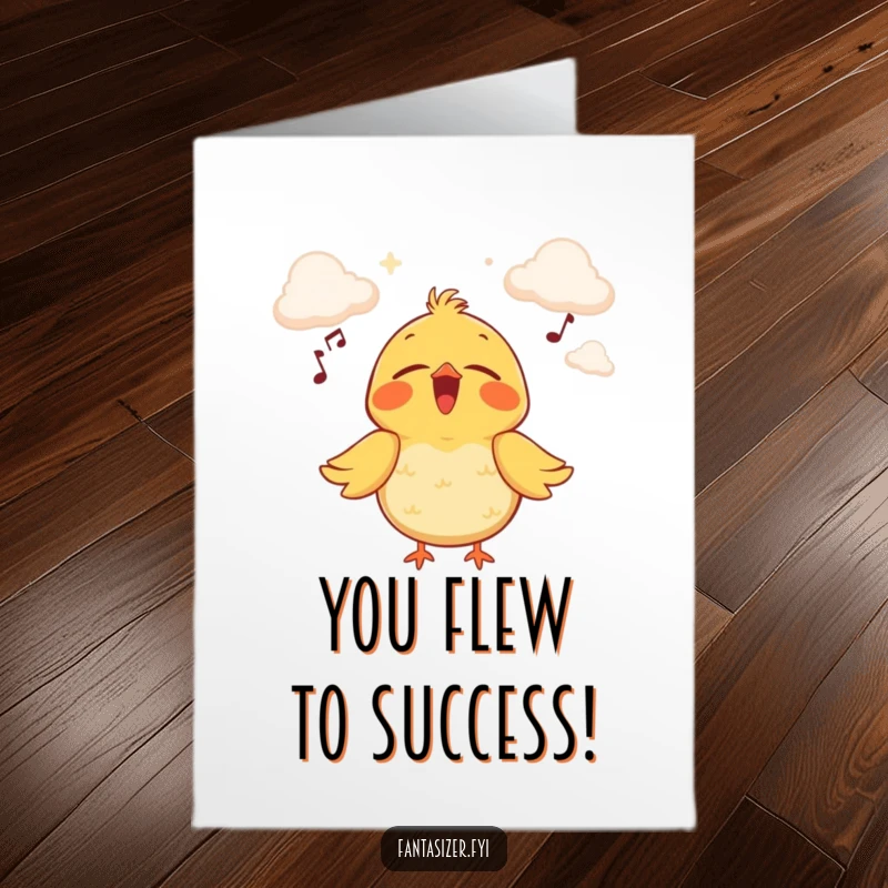 Free Printable Congratulations Card: A joyful bird sings with closed eyes, imagining a grand stage made of clouds.
