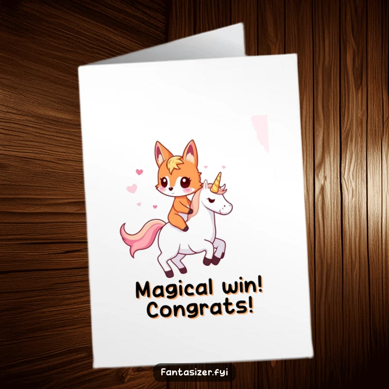Funny Free Printable Congratulations Card: Imaginative fox rides unicorn, whimsical fantasy, great downloadable gift.