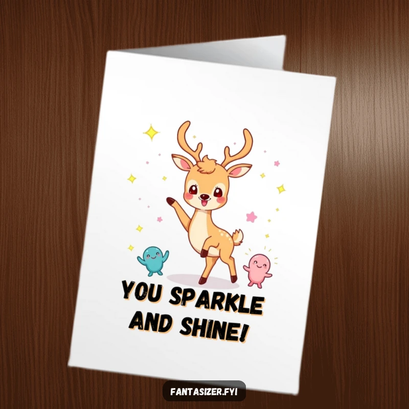 Funny Free Printable Congratulations Card: Cheerful deer dancing with imaginary sparkling creatures to celebrate.