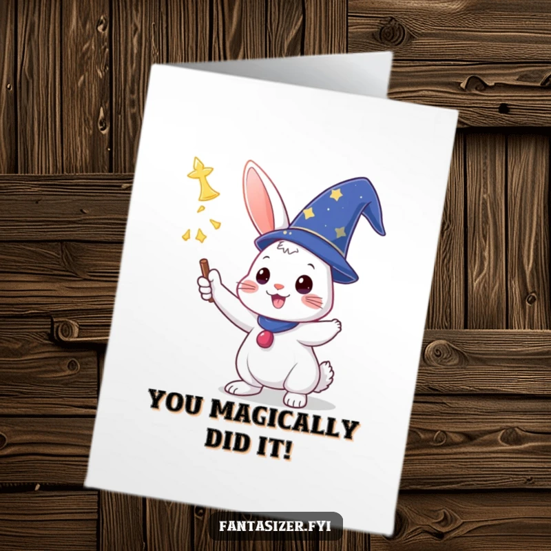 Funny Free Printable Congratulations Card: Triumphant wizard rabbit in hat casting a spell of success.