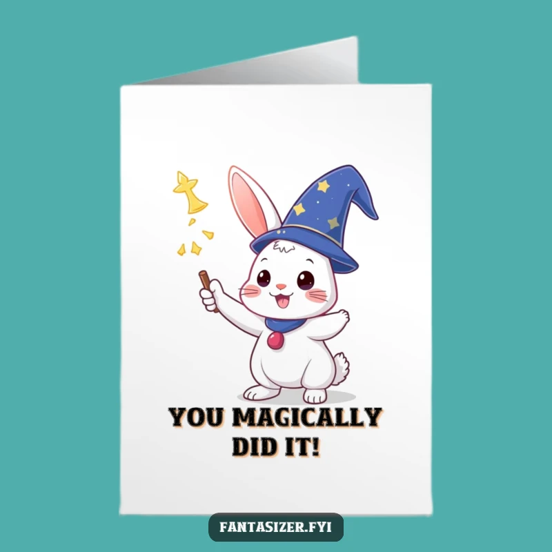 Free Printable Congrats Card: Funny Wizard Rabbit Spell Success Downloadable Gift