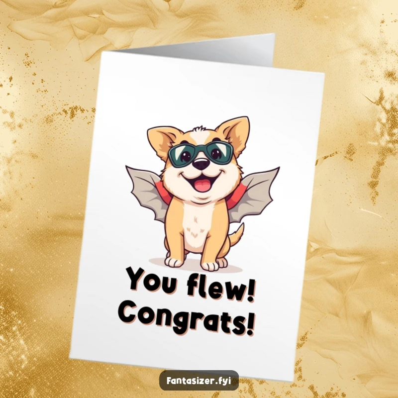 Funny Free Printable Congrats Card: A joyful dog with superhero wings ready to fly, celebrating an amazing success.