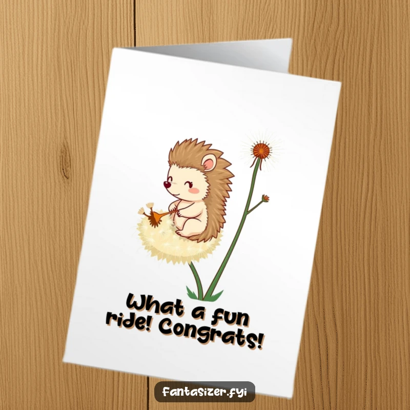 Funny free printable congratulations card showing a whimsical hedgehog embarking on an adventure, riding a large dandelion seed.