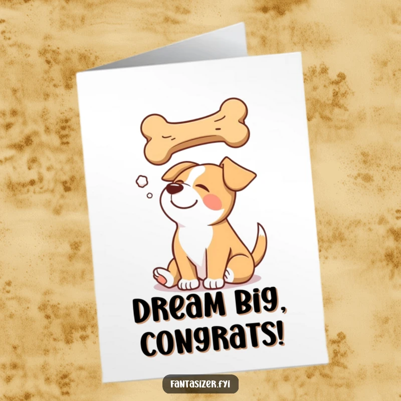 Funny Free Printable Congratulations Card: A content dog dreaming of a giant bone, celebrating your fantastic success with pure joy.
