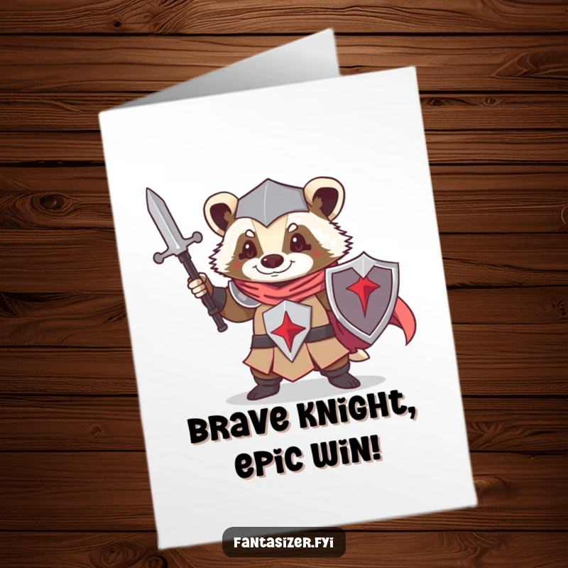 Funny Free Printable Congratulations Card showing a triumphant badger knight raising a sword in victory.