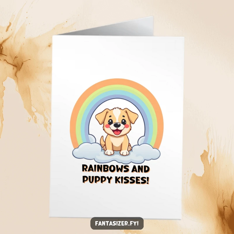 Funny Free Printable Congratulations Card: Cheerful puppy peeking through a rainbow portal, celebrating amazing news.