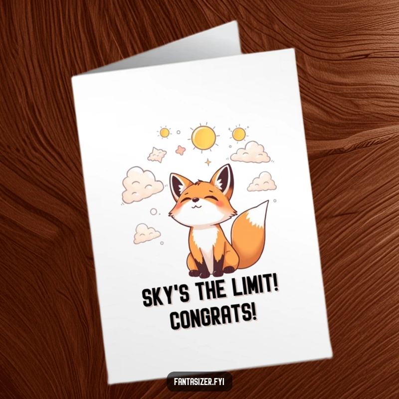 Funny Free Printable Congratulations Card of a joyful fox gazing at clouds, finding fantastical shapes and celebrating success.