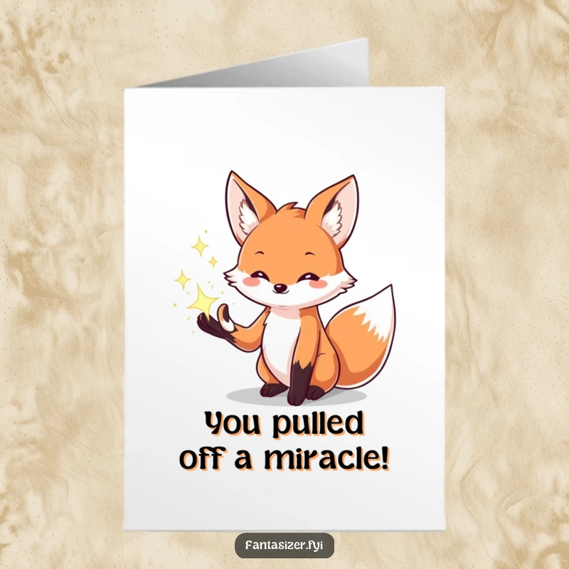 Funny Free Printable Congratulations Card with a creative fox conjuring sparkling magical effects, celebrating a fantastic accomplishment.