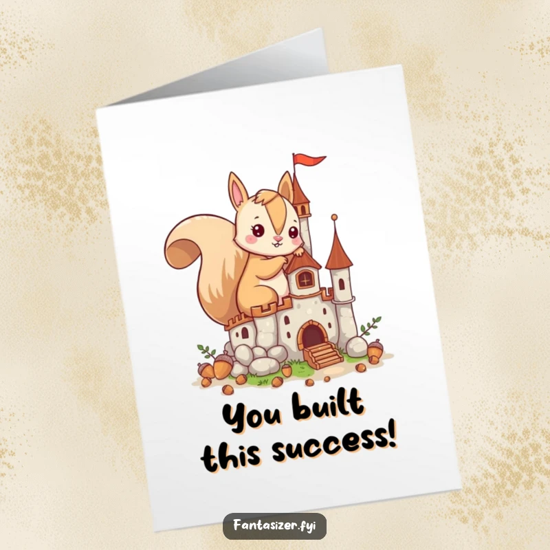 Funny Free Printable Congratulations Card with an imaginative squirrel building a fantastical castle from acorns, celebrating a major achievement.