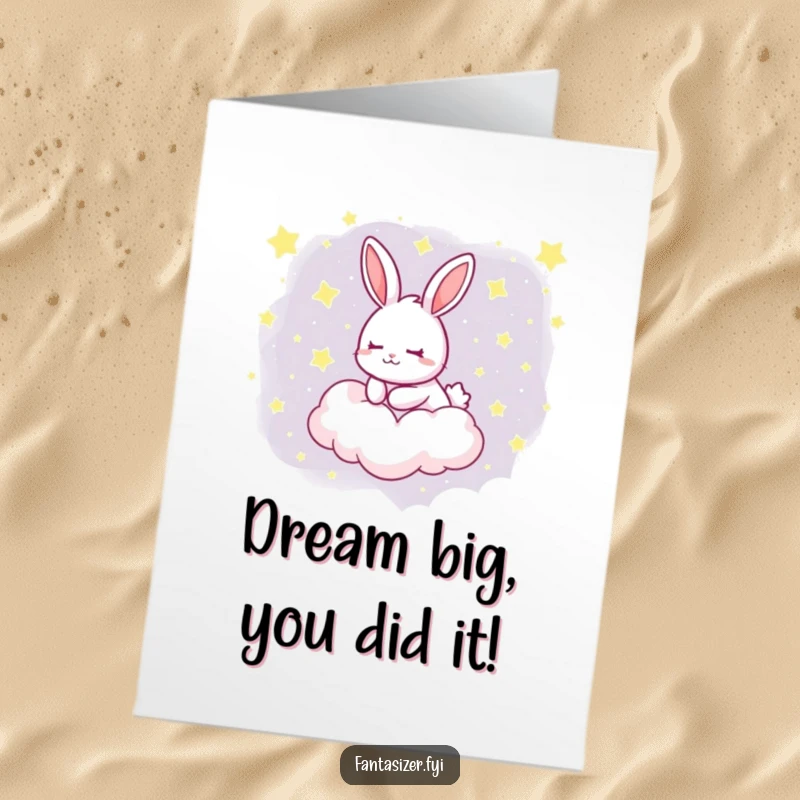Funny Free Printable Congratulations Card showing a rabbit floating on a starry cloud, celebrating a milestone achievement.
