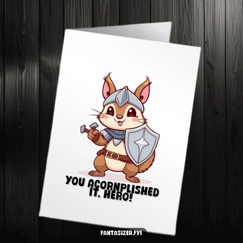 Funny Free Printable Congratulations Card: A squirrel dressed as a knight proudly holds a shield, celebrating a valiant achievement with a grin.