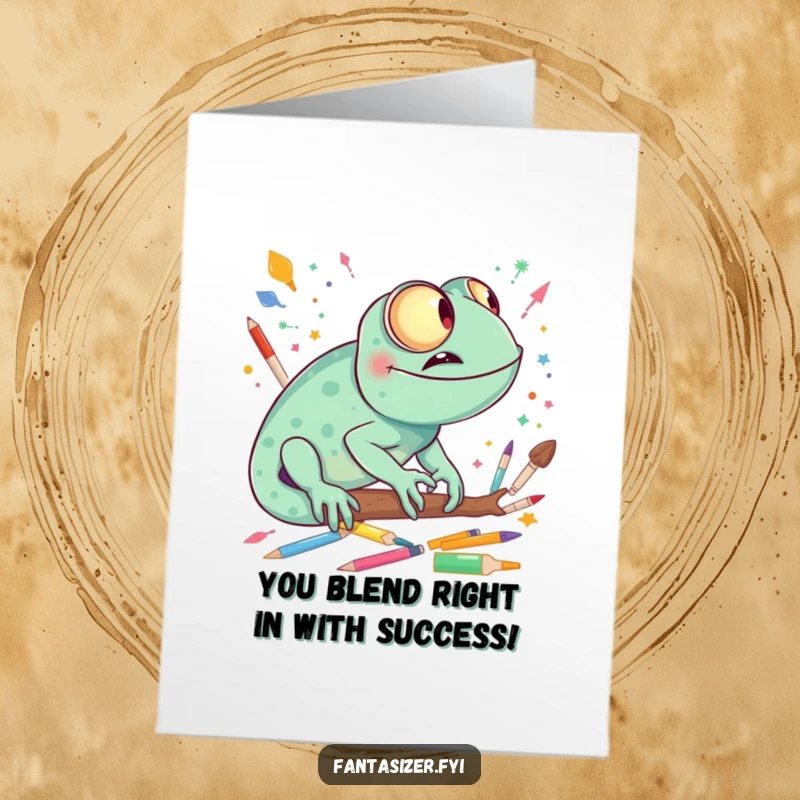 Funny Free Printable Congratulations Card: A chameleon giggles, visualizing a world constructed from vibrant paints, brushes, and crayons.