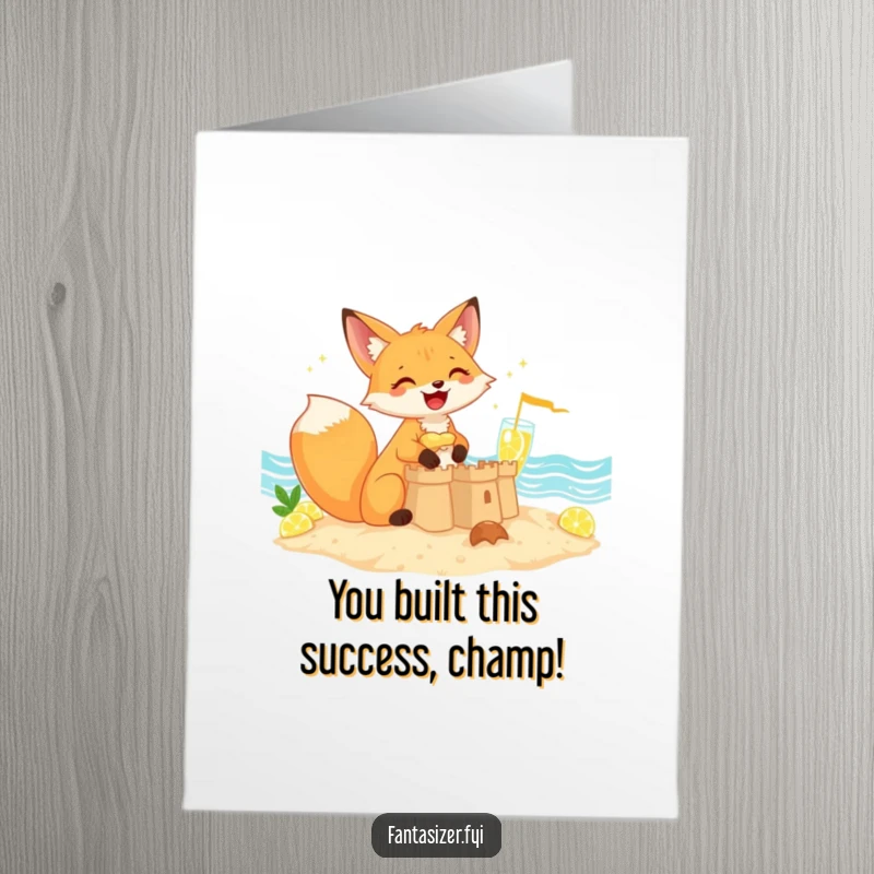 Funny Free Printable Congrats Card: Giggling fox celebrates near lemonade sea sandcastle.