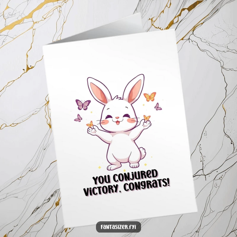 Funny Free Printable Congratulations Card: Playful rabbit conjures shimmering butterflies from its paws, celebrating achievements with magical flair.