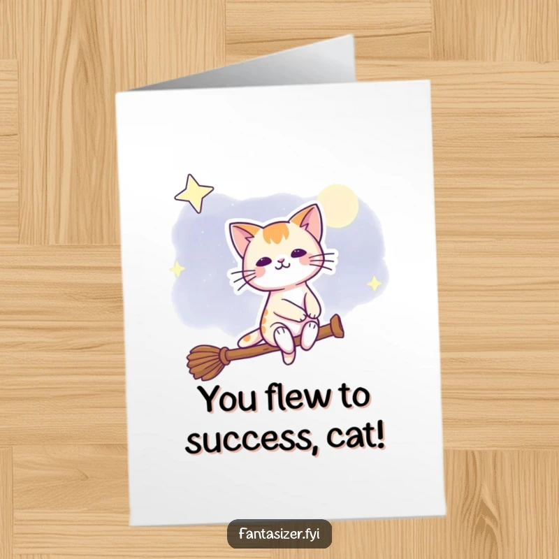 Funny Free Printable Congratulations Card: A happy cat in a witch hat flies on a broom, celebrating a spellbinding achievement with joy.