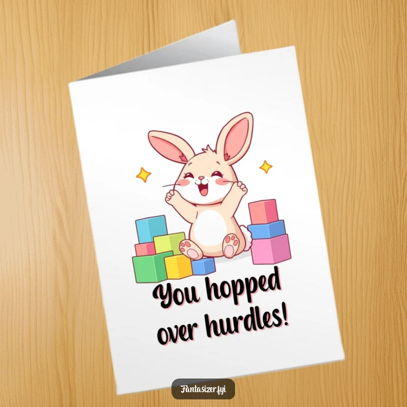 Funny free printable congratulations card with a happy bunny celebrating, imagining a wonderful world constructed from colorful blocks.