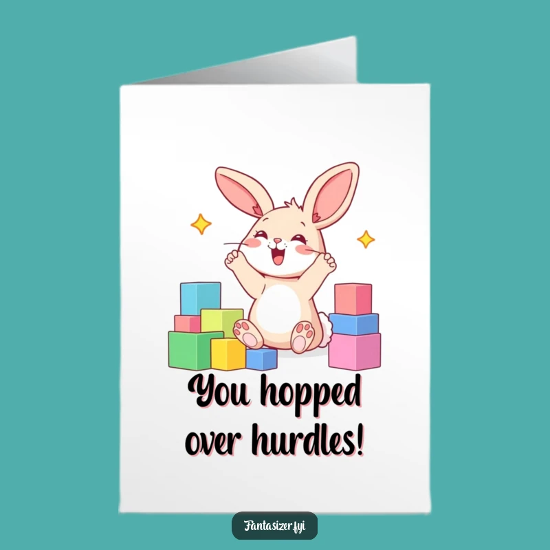Free Printable Congrats Card: Bunny Blocks World Design, Cheerful Downloadable