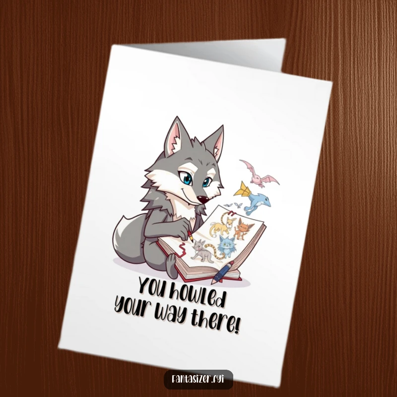 Funny Free Printable Congratulations Card: Proud wolf intently sketching a fantastical creature with a focused, thoughtful look.