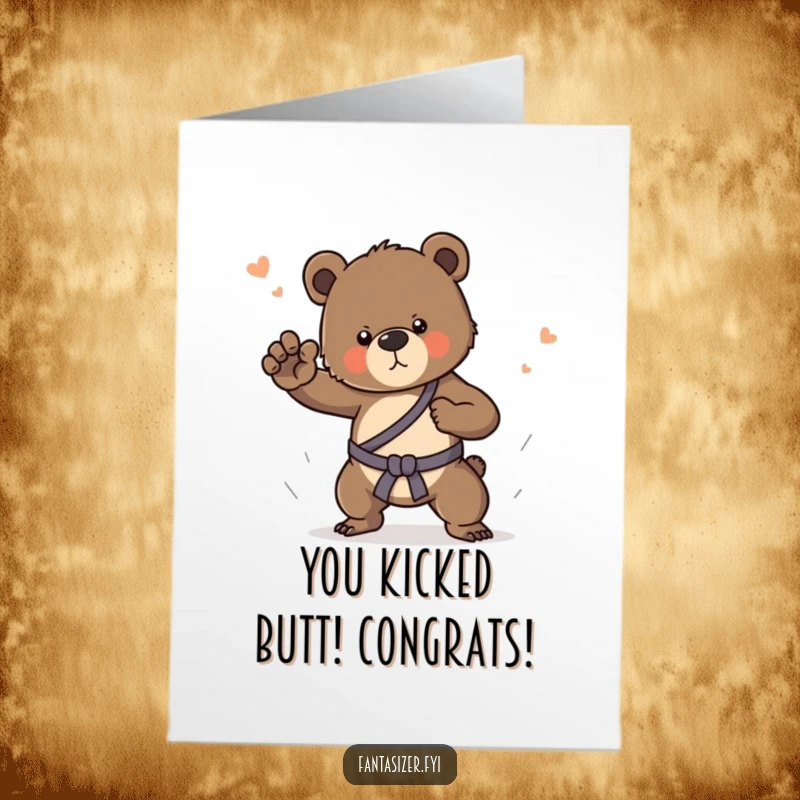 Funny Free Printable Congrats Card: A determined bear cub mid-karate chop in a dream, celebrating their amazing accomplishment with power.