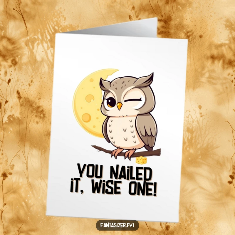 Funny Free Printable Congratulations Card: A winking owl observes a delicious moon made of cheese, celebrating.