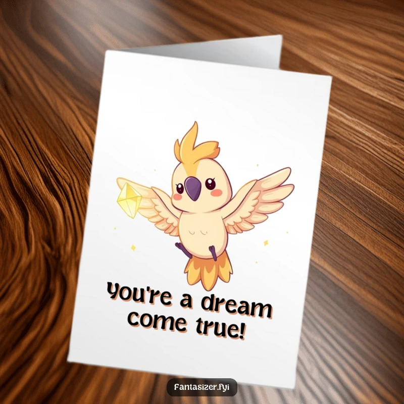 Funny Free Printable Congratulations Card: Parrot character heroically flying towards a bright, alluring dream crystal.
