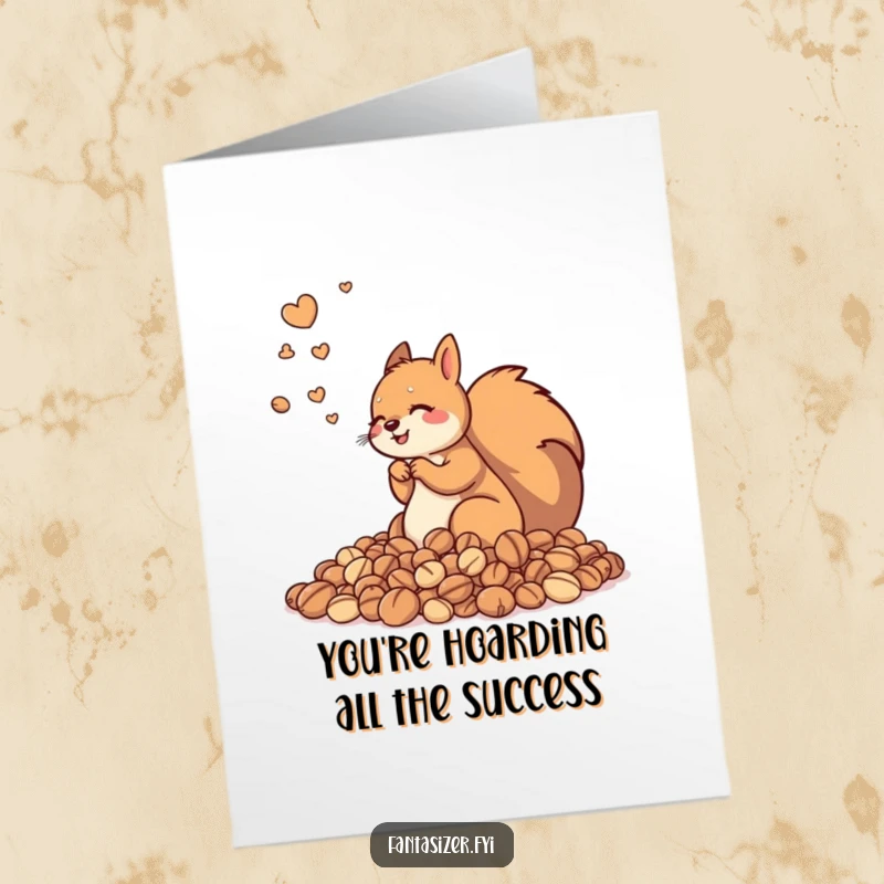 Funny Free Printable Congratulations Card: Playful squirrel gleefully guarding an immense pile of nuts.