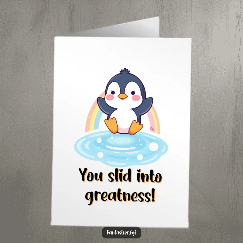 Funny Free Printable Congrats Card: Penguin slides down rainbow, celebrating a win with a splash.