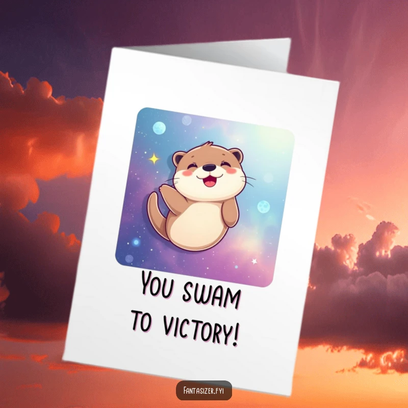Funny Free Printable Congratulations Card: A joyful otter swims through a galaxy, signifying a major accomplishment.