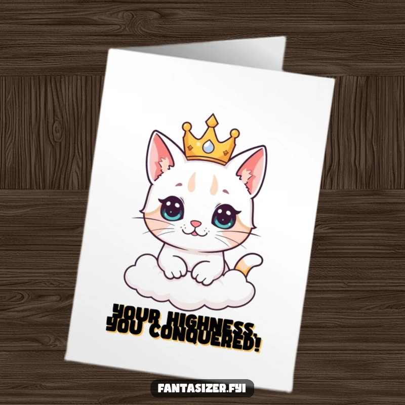 Funny Free Printable Congratulations Card: Cat wearing crown imagines ruling a cloud kingdom, celebrating success with regal joy.