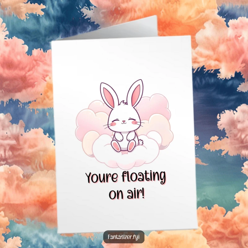 Funny Free Printable Congratulations Card: Cute bunny with eyes closed dreams of candy-colored clouds, celebrating a sweet victory.