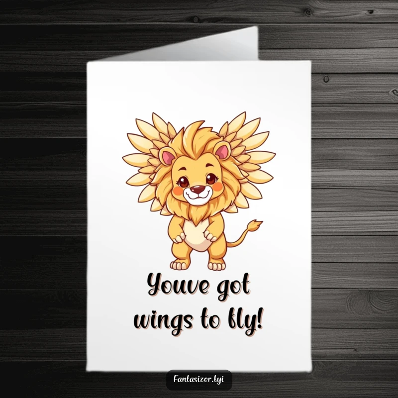 Funny Free Printable Congratulations Card: A proud lion is shown transforming into a majestic winged being, signifying a great achievement.