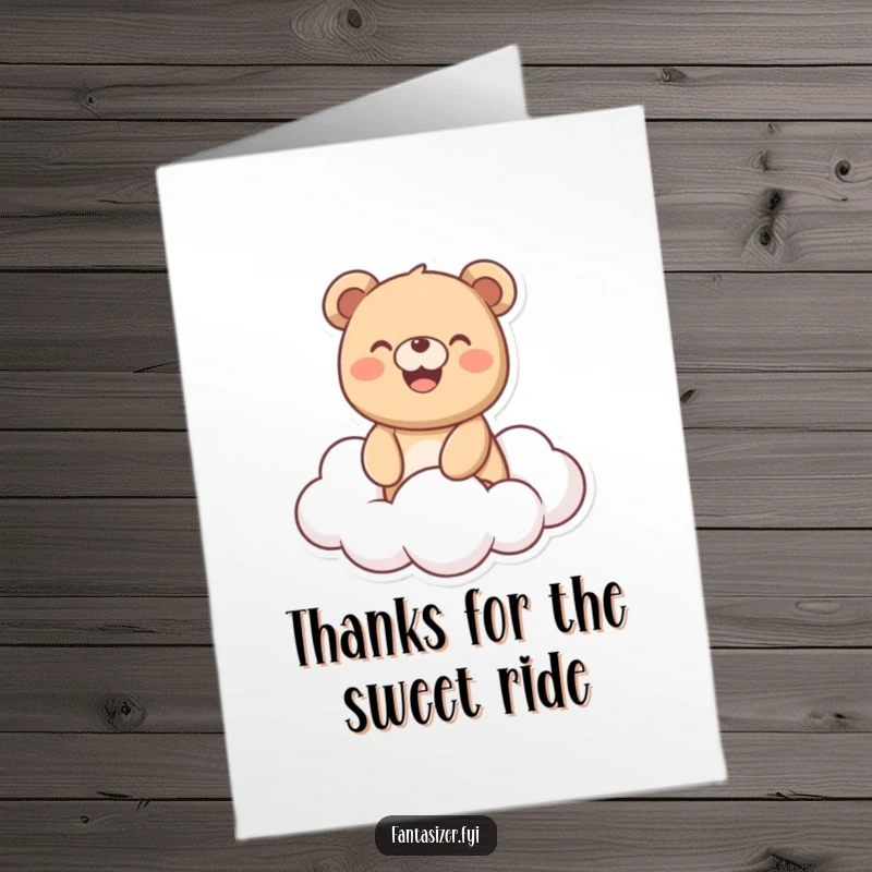 Funny Free Printable Thank You Card: Joyful bear with a huge smile riding happily on a cloud.