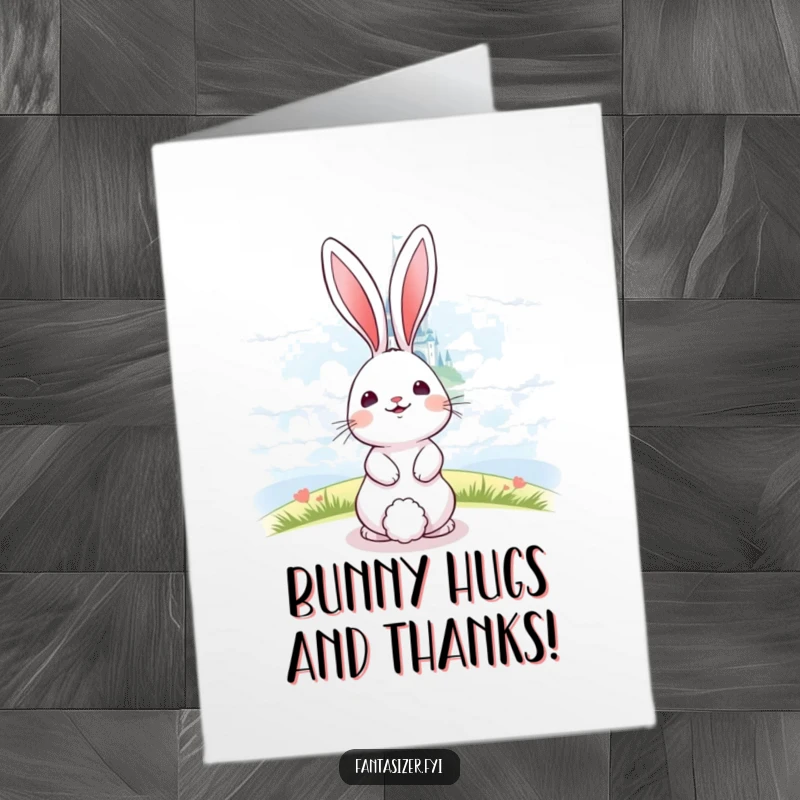 Funny Free Printable Thank You Card: A happy bunny gazing at a shimmering castle in the clouds, sending thanks with sweet dreams.