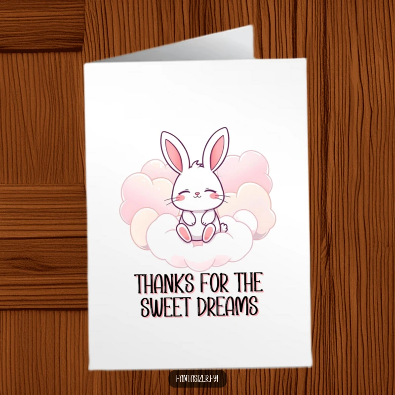 Funny Free Printable Thank You Card: Cute bunny dreaming of candy-colored clouds, offering a wonderfully whimsical thank you.