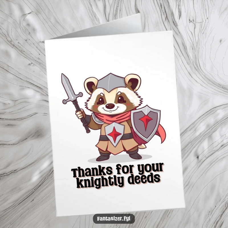 Funny Free Printable Thank You Card with a polite badger dressed as a knight offering a small gift.