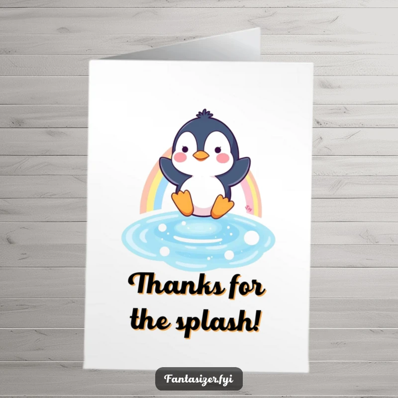 Funny Free Printable Thank You Card: Penguin slides down a rainbow, sending thanks with joy.