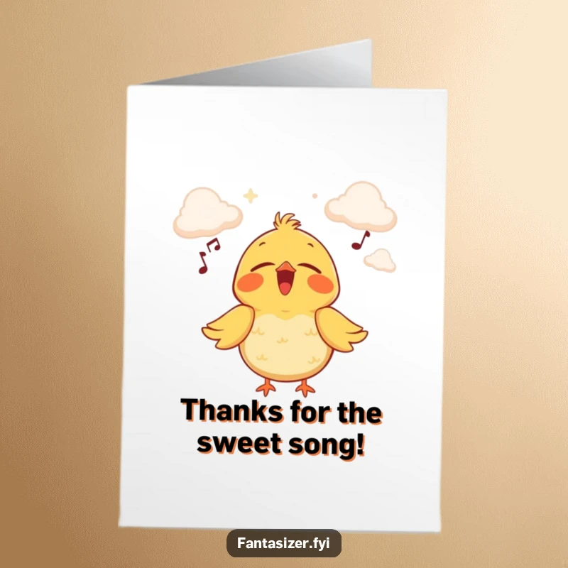 Funny Free Printable Thank You Card: A joyful bird sings with eyes closed on a stage made of clouds.