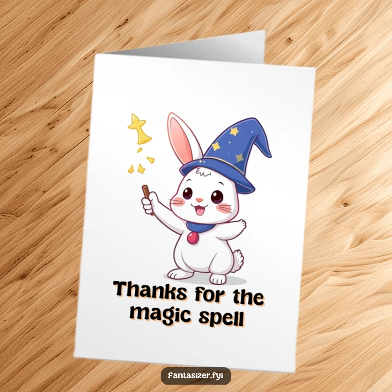 Funny Free Printable Thank You Card: Triumphant wizard rabbit in hat casting a spell of thanks.