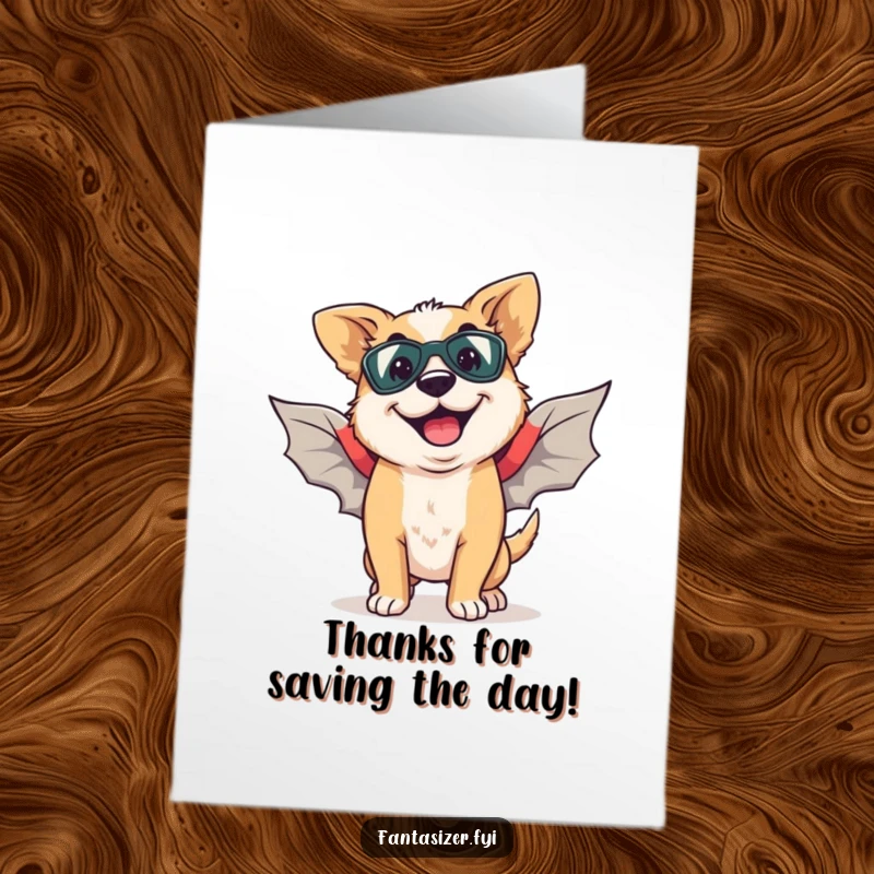 Funny Free Printable Thank You Card: A happy dog imagining flight with superhero wings, expressing thanks with a big, goofy grin.