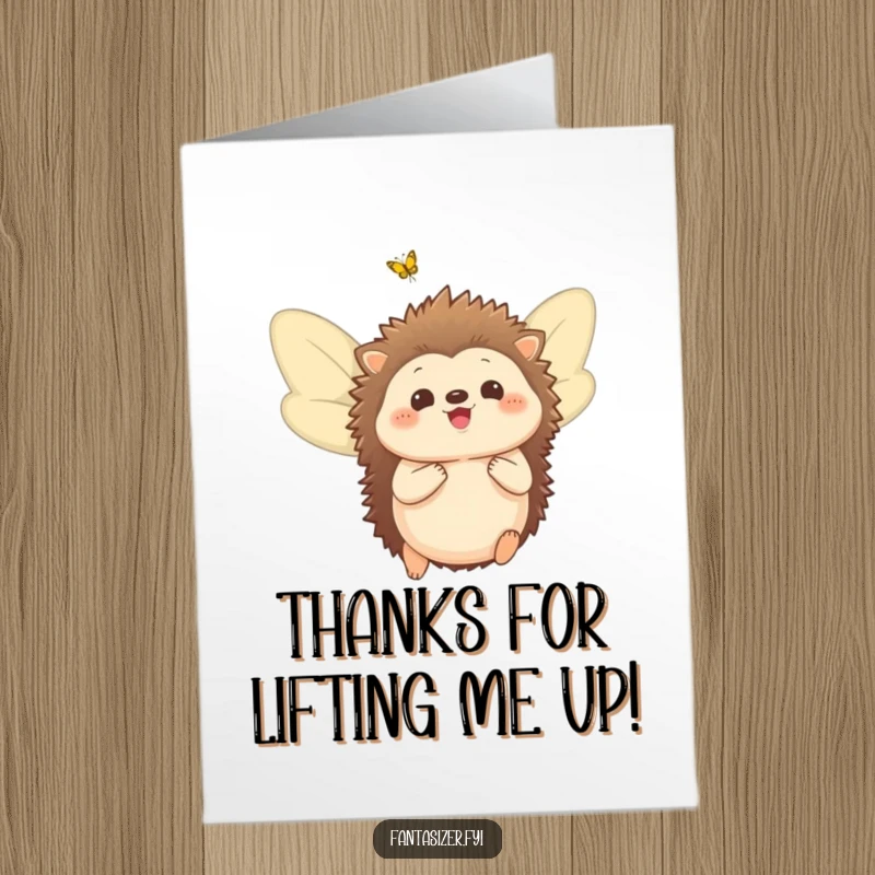 Funny Free Printable Thank You Card of a delighted hedgehog with butterfly wings, dreaming of flying, saying thanks.