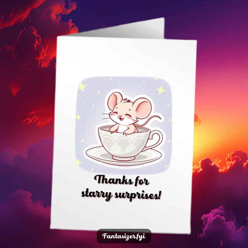 Funny Free Printable Thank You Card: A happy mouse navigating a teacup through a starry expanse, saying thanks with a twinkle.