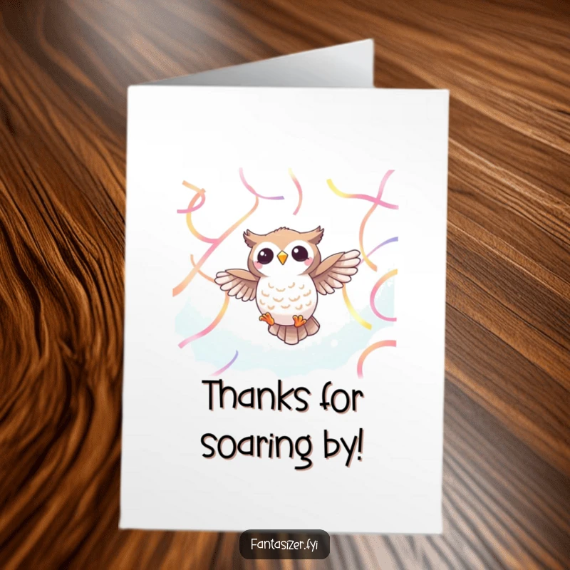 Funny Free Printable Thank You Card: A cheerful owl with wings outstretched flies through a sky adorned with vibrant, ethereal ribbons.