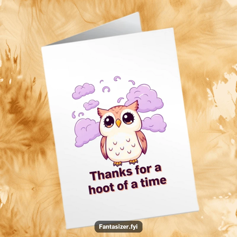 Funny Free Printable Thank You Card: Cute owl with wide eyes looks up at swirling purple clouds, expressing thanks with wonder.